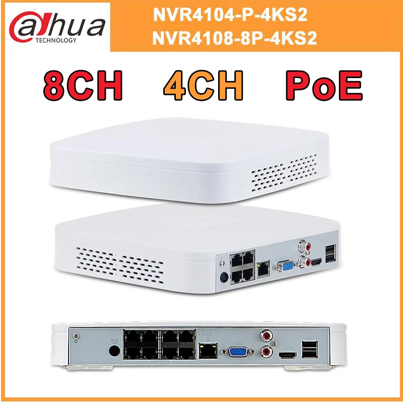 Dahua оригинальный 8MP 4K PoE 8CH NVR NVR4108 8P 4KS2 DH 4CH NVR4104 P 4/8CH видеорегистратор H.265 Поддержка