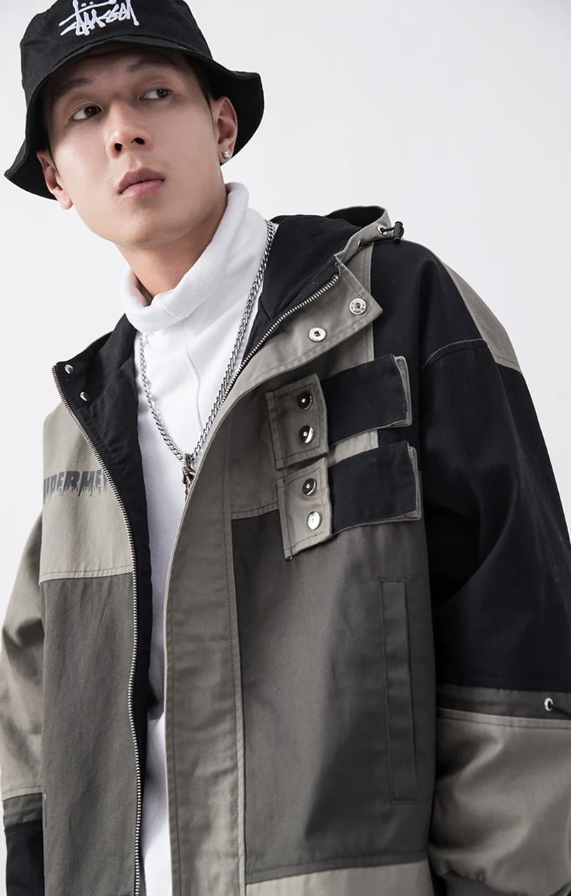 Hooded Color Block Jacket Autumn Casual Windbreaker Vintage Mens Coats Cargo Track Hoodie Coats Streetwear Hiphop KK3154