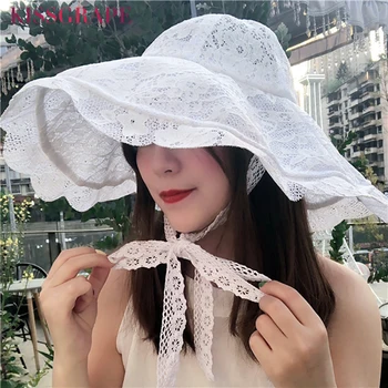 

2020 Summer Lace White Black Bucket Hats Women Anti UV Sun Hat Large Brim Ladies Elegant Lolita Hat Holiday Beach Cap Princess