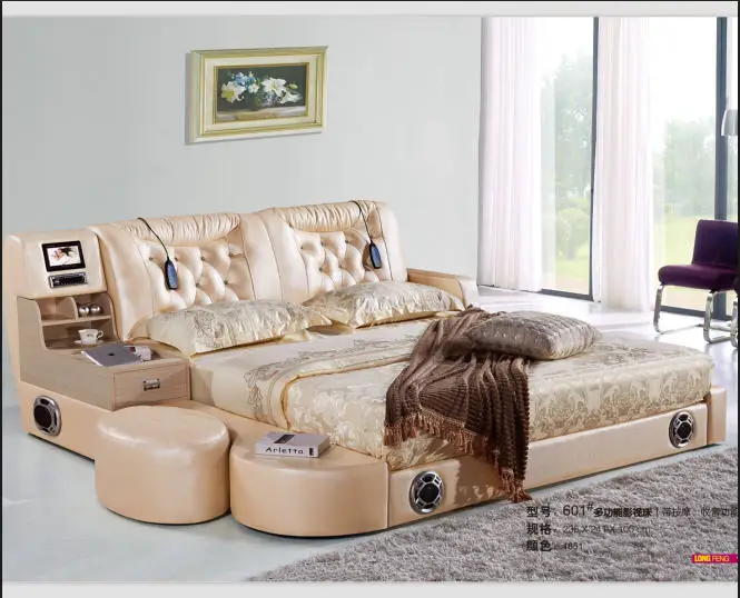 

Real Genuine leather bed TV Soft Beds Bedroom camas lit muebles de dormitorio yatak mobilya quarto massage speaker bluetooth
