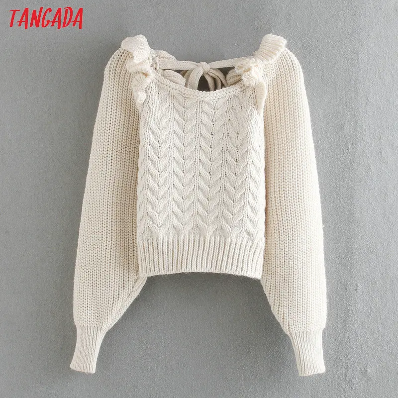 

Tangada korea chic women ruffles sweater backless bow vintage ladies retro beige knitted jumper tops 3L07