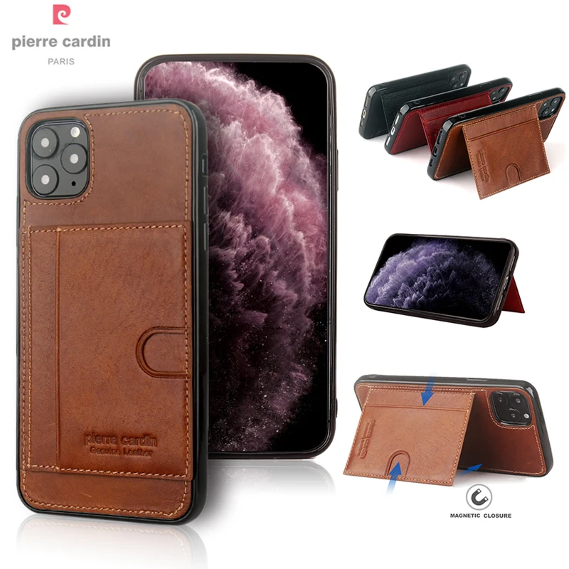 

Famous Brand Pierre Cardin Phone Cases For Apple iPhone 11/ Pro/ Max Cover Luxury Genuine Leather Card Slots Kickstand Back Case
