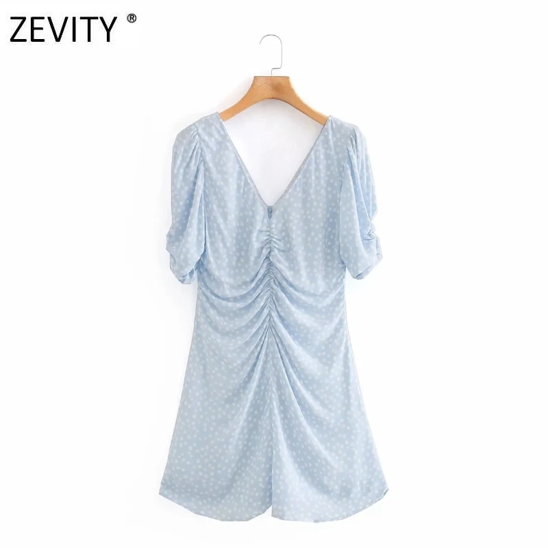 Zevity New women fashion v neck dots print pleated mini dress female pleats puff sleeve vestidos chic back zipper dresses DS4188 Zevity New women fashion v neck dots print pleated mini dress female pleats puff sleeve vestidos chic back zipper dresses DS4188
