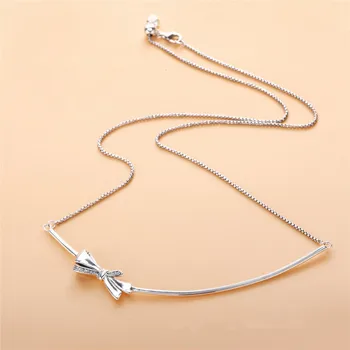 

JrSr 100% 925 Sterling Silver Gorgeous White zircon Bowknot Necklace Women Fashion DIY Jewelry Valentine' Day gift Free shipping