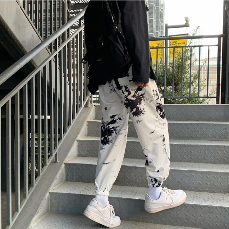 Men Casual Pants Ankle Length Joggers Tie-dye Printed Wide Leg Summer Thin All-match Male Streetwear Harajuku Korean Stylish Ins