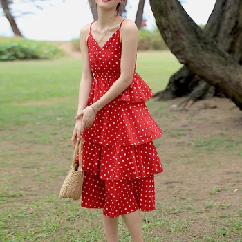 

Summer Women Dress Sexy V neck Spaghetti Strap Polka Dot Casual Dresses New Beach Sundress Black White Red Ruffles Dresses