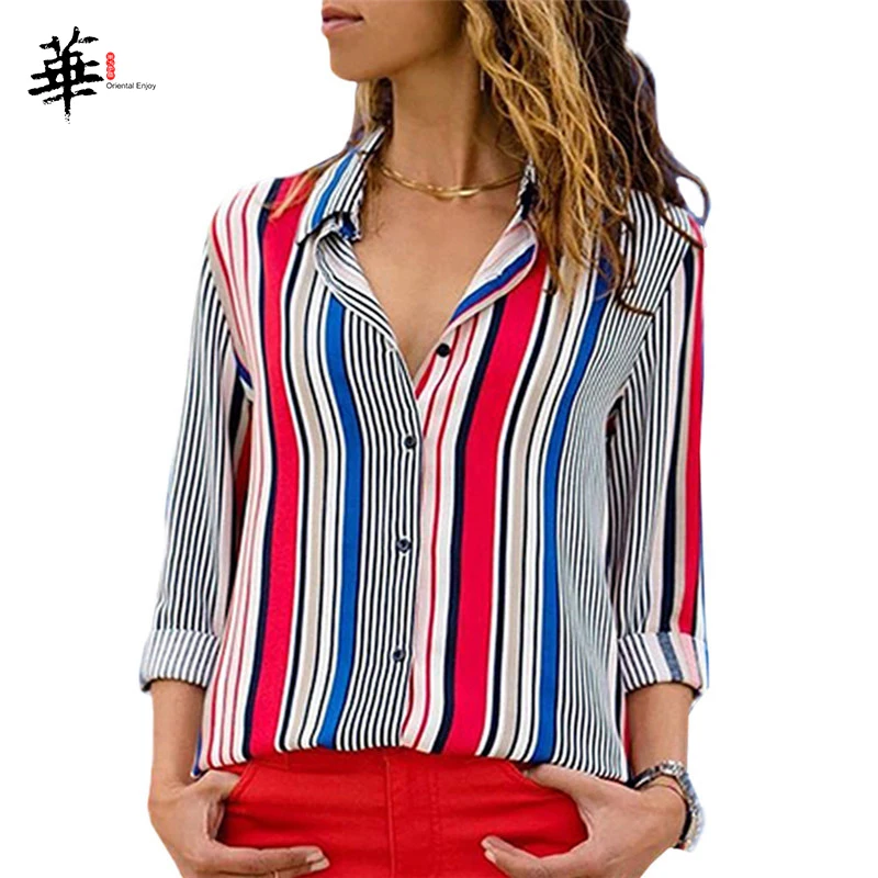 

Multicolor Chiffon Striped Patchwork Button Front Shirt Blouse Women Clothes 2019 Long Sleeve Ladies Tops and Blouses Plus Size