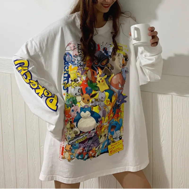 Harajuku Ulzzang, футболка большого размера с принтом Покемон, футболки с длинным рукавом, корейские женские футболки, осень, Женская Повседневная футболка с Пикачу, топы