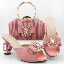 Hot sale pink women pumps with big crystal heel style african dress shoes match handbag set MD017,heel 10CM