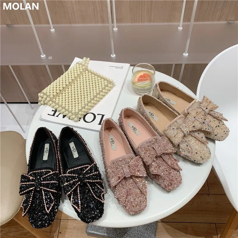 

MOLAN Brand Designer 2020 Spring New Fashion Luxury Bling Sequin Elegant Butterfly-knot Flats Shoes Women Slip On Loafers Casual