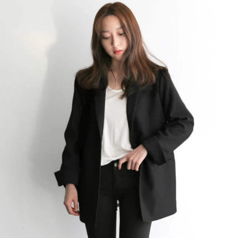 Women Black Suit Blazer Office Jacket Ladies Tailored Oversized Fashion Double Buttons Long Loose Coat Formal Casual Autumn 2023 brown black blazer men fashion society mens dress jacket korean loose casual suit jacket mens office formal jacket s 2xl