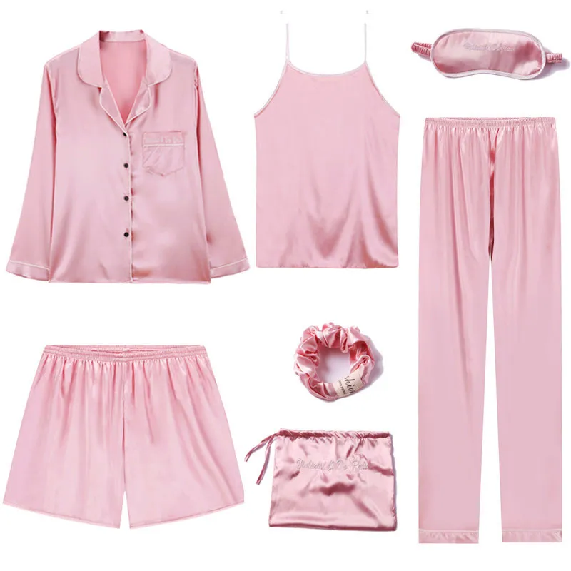 Pink Пижама s Для женщин, пижамы, одежда для сна, 7 шт./компл. Ночная сорочка-подобный шелку, одежда для сна для женское нижнее белье «babydolls» Для женщин Комплекты пижам, пижамы Шорты - Цвет: Pink