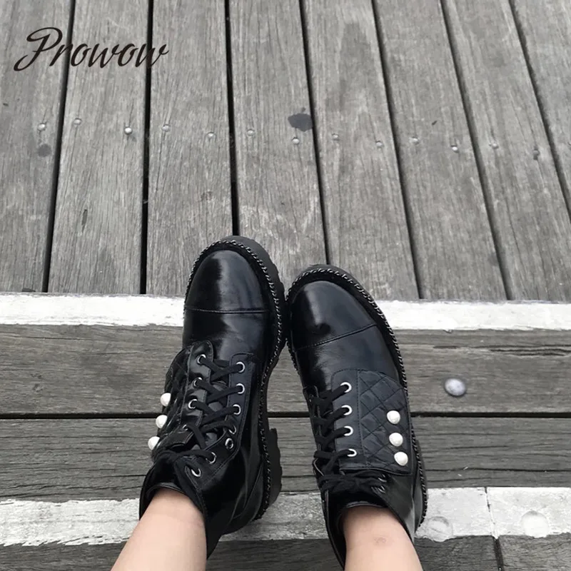 Prowow/Новые ботильоны-гладиаторы из натуральной кожи со шнуровкой осенне-зимние ботинки с круглым носком и бусинами