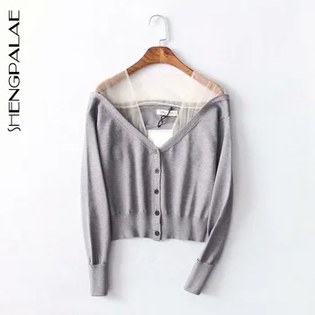 

SHENGPALAE 2020 New Summer Long Sleeve Jumper Knitted Loose Fashion Pullover Femme Mesh Yarn Splice V-neck ZA4322
