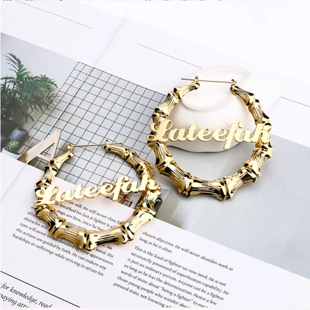 

30mm-90mm Custom Bamboo Hoop Earrings Customized Name Earrings Stainless Steel Personality Earring With Statement Letter Hiphop