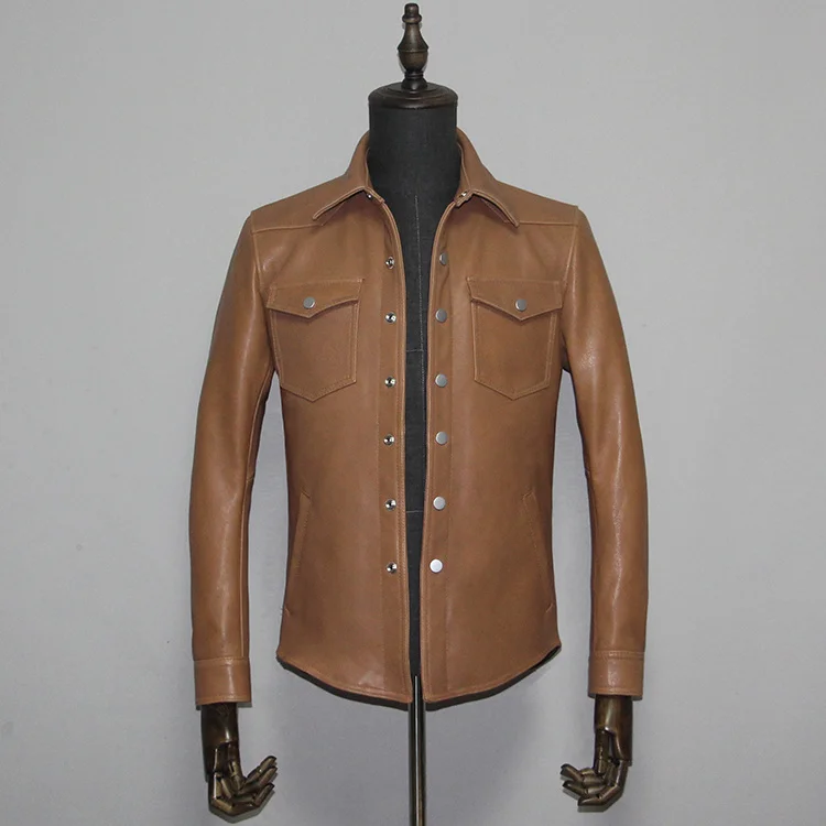 genuine leather blazers Free shipping.Men quality leather shirts.Brand vintage Heavy tanned sheepskin jacket,brown slim genuine leather coat sheepskin jacket