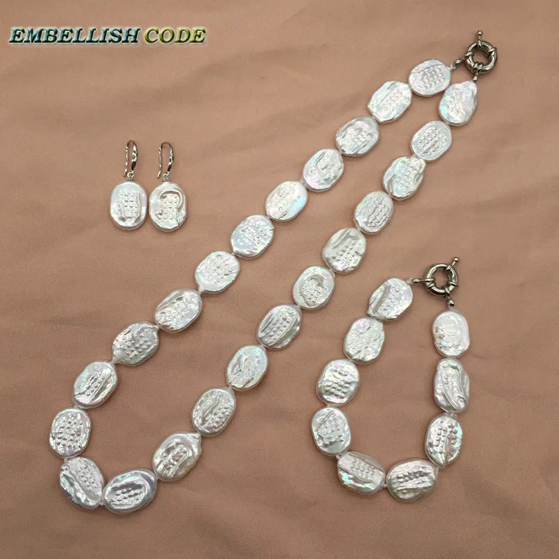

baroque pearls necklace bracelet dangle earrings set shine white cultured pearls flat Ellipse oval egg shape elegant for women