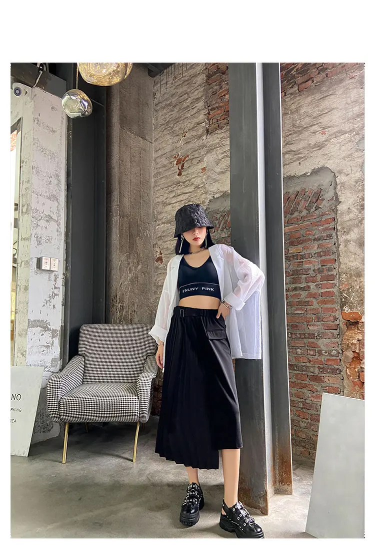 XITAO Irregular Black Skirt Fashion New Women 2020 Elegant Goddess Fan Pleated Pocket Small Fresh Casual Loose Skirt ZP1684