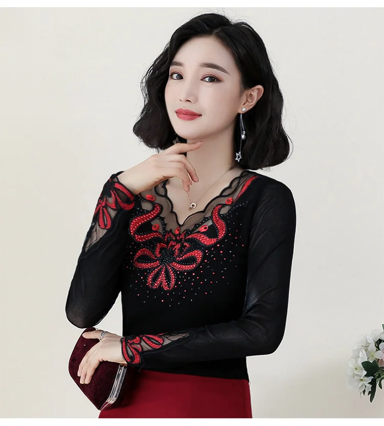 Autumn Fashion Long Sleeve Slim Shirt V-neck Top Women Blouses Bottom Shirt New Female Delicate Embroidery Diamonds 6741 50