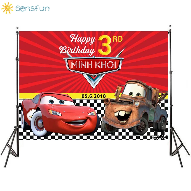 

Sensfun Cartoon Car Story Birthday Themed Backdrops Racing Flag Black White Grid Red Photo Backgrounds for Photography photocall