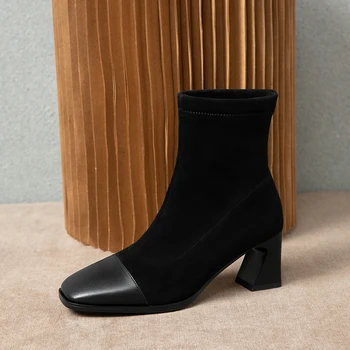 

Genuine Leather women Boots high heels Ankle Boots Women Autumn Winter Square Toe Basic Office Shoes Woman