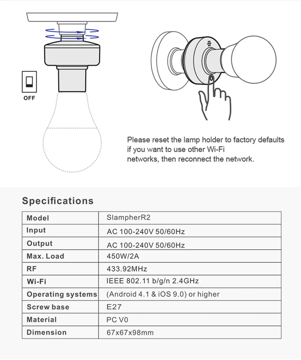 Sonoff slampher r2 e27 intelligent wifi light lamp bulb holder 433mhz rf/e-welink app/voice remote control smart home bulb holder