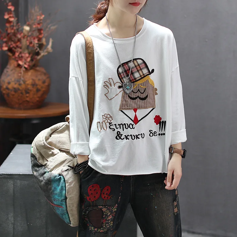 

Spring Autumn T-shirt Women Retro Loose Casual Pullovers 2019 New Female Tops O-Neck Long-sleeved Embroidery Character T-shirt
