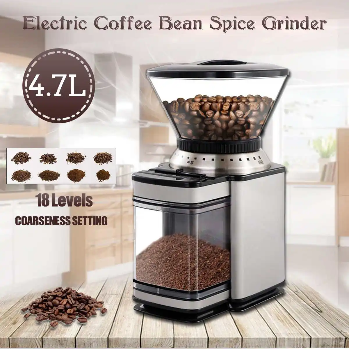 

4.7L 32 cups Electric Coffee Grinder maker Machine Coffee Beans Mill mug Nuts For Kitchen Office Cafe Stainless Steel 220V 120W