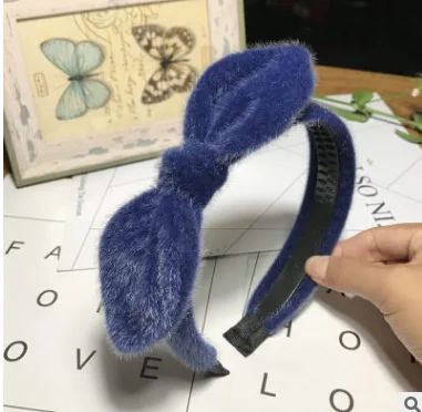 Blue 1 шт., новинка, повязка на голову, однотонные аксессуары для волос, повязка на голову с бантом, милые головные уборы с кроличьими ушами, норковый мех, обруч для волос - Цвет: Blue