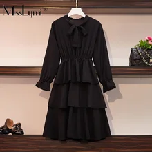 XL-4XL размера плюс женское Каскадное платье с оборками осень корейская мода бант воротник длинный рукав эластичный пояс повседневные платья