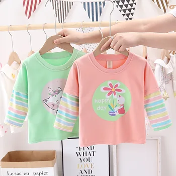 

Girls Mock Two-Piece T-shirt Long Sleeve Stripes Female Baby Outer Wear Tops Network Gas Autumn Thin CHILDREN'S Sweate