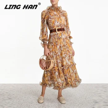 

LINGHAN Fashion Print Midi Dress Elegant Ruffle Stand Lantern Sleeve Slim Dresses Designer Autumn New