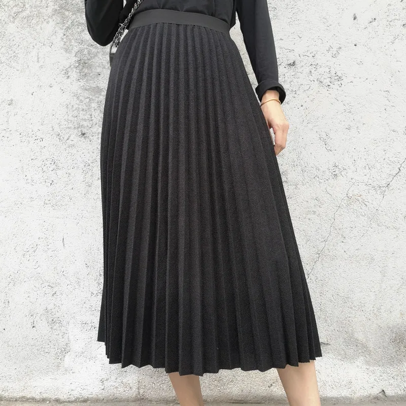 Midi Pleated Skirt Women For Autumn Winter Korean Fashion Ladies High Waist Elegant Solid Long A-line Skirts Female Streetwear - Цвет: Черный