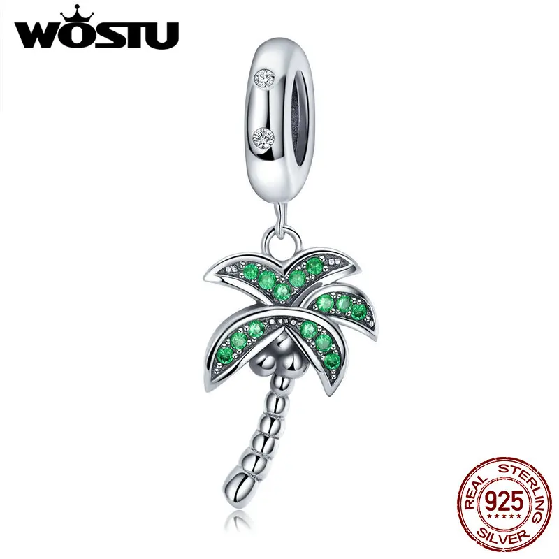WOSTU Настоящее 925 пробы Серебряное Сверкающее пальмовое дерево шарм с четким CZ Fit