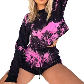 

2Pcs Set Women Spring Summer Tracksuits Sweatshirt Tie Dye Outfit Shorts Festival Clothes S