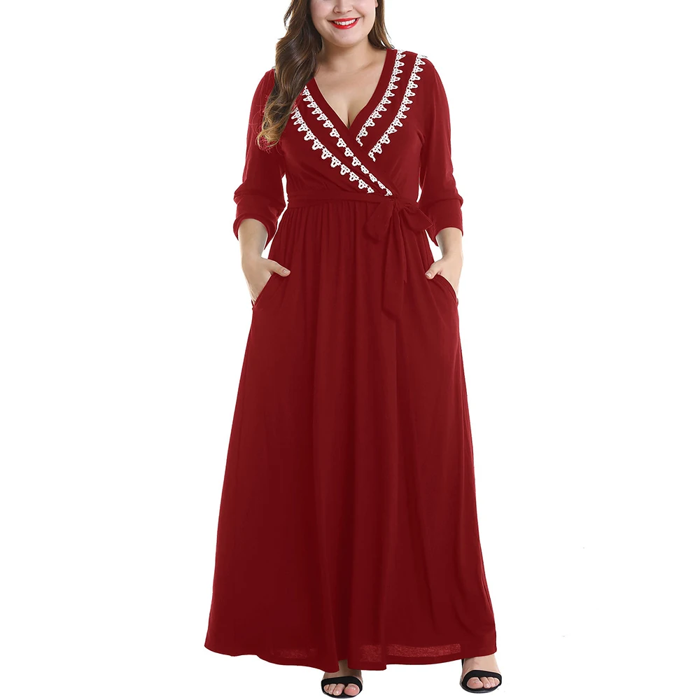 

Plus Size Maxi Dresses for Woman Large Big Size Lace Spliced Long Party Vestidos V-neck Navy Burgundy Clothing with Sashes 2018