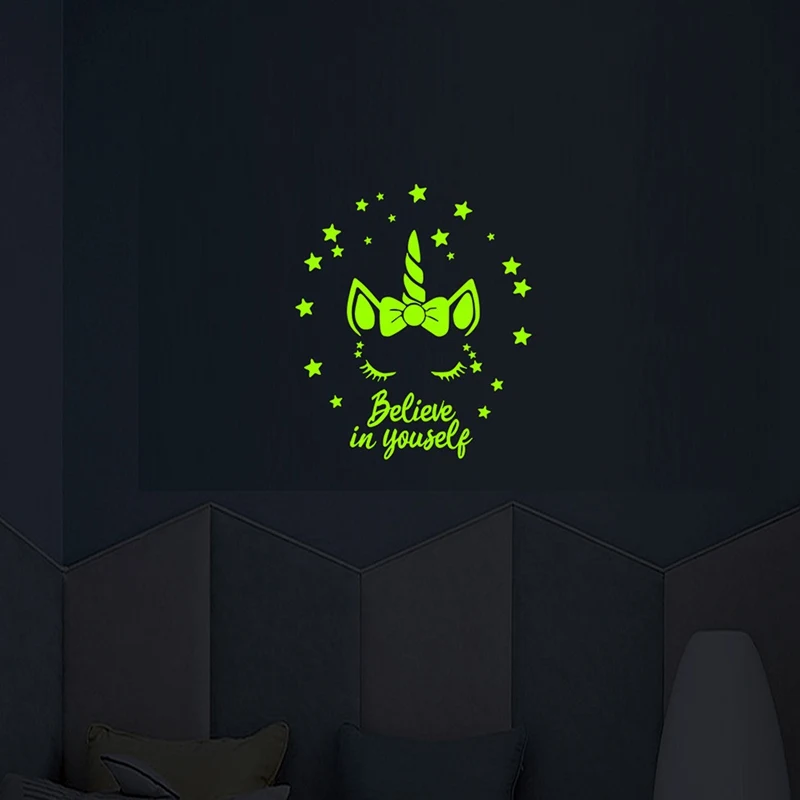 Belive In Yourself Luminous Stickers Cartoon Unicorn Horse Living Room Bedroom Bathroom Fluorescent Wall Sticker Gift For Kids