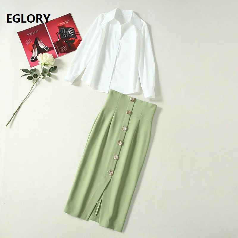 Elegante Werk Suits 2020 Lente Zomer Set Vrouwen Lange Mouwen Wit Shirts + Golden Button Deco Groen Midi Potlood Rokken sets 2 Pc Elegante Werk Suits 2020 Lente Zomer Set Vrouwen Lange Mouwen Wit Shirts + Golden Button Deco Groen Midi Potlood Rokken sets 2 Pc