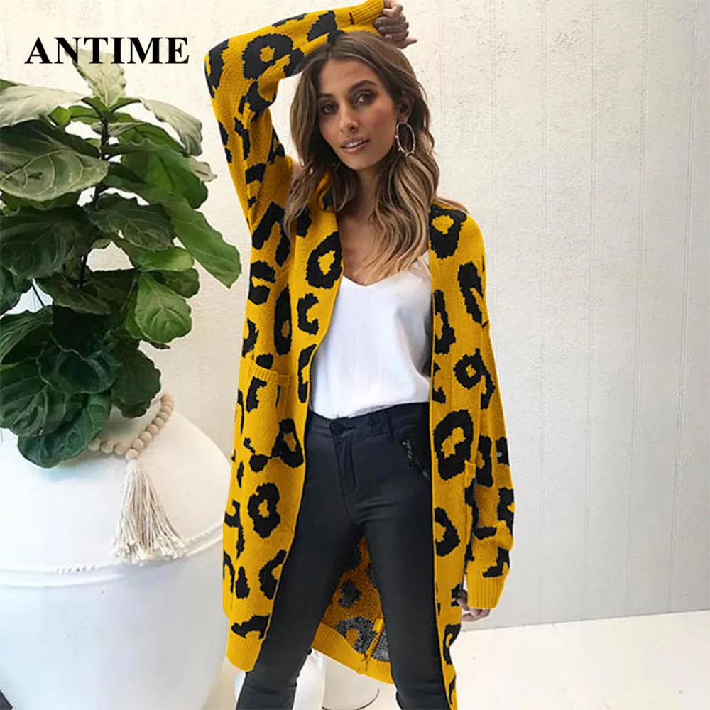 Antime Leopard Print Knitted Sweater Long Sleeve Cardigan Casual Autumn Winter Women Coat Pockets Plus Size Sweater Christmas - Цвет: A4