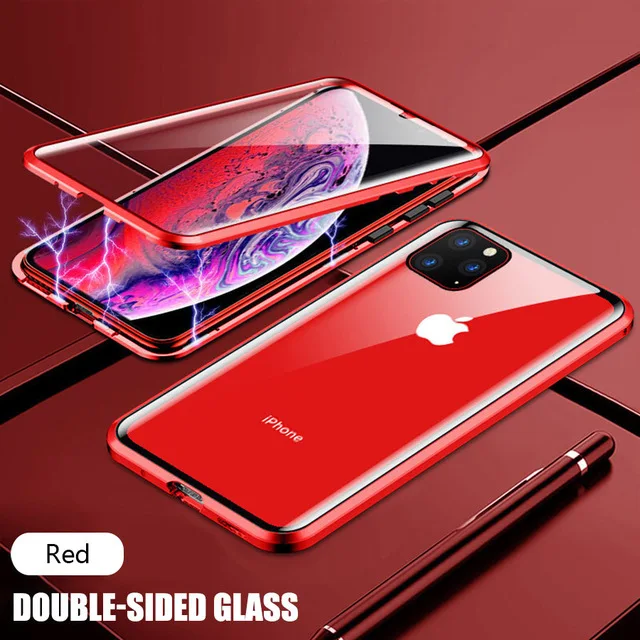 Luxury Phone Case For IPhone X XR XS 6 6S 7 8 11 12 13 Plus Mini SE Pro MAX 2020 360 Double Glass Shell Magnetic Adsorption Case Red