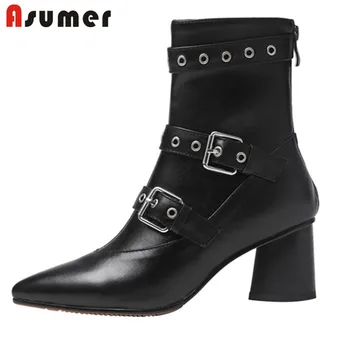 

ASUMER 2020 new arrival ankle boots women genuine leather fashion high heels shoes autumn winter short boots female black
