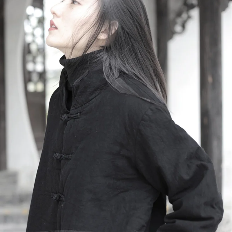 Johnature Women Chinese Style Autumn Parkas Stand Vintage Cotton Linen Coats Fall New Button Long Sleeve Button Warm Parkas