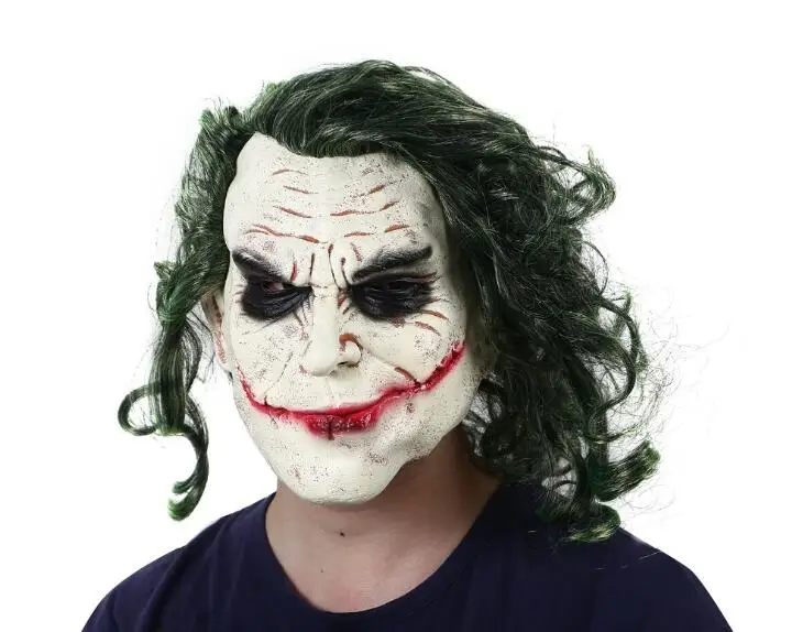 

Joker Mask Movie Batman The Dark Knight Cosplay Horror Scary Clown Mask with Green Hair Wig Halloween Latex Mask Party Costume