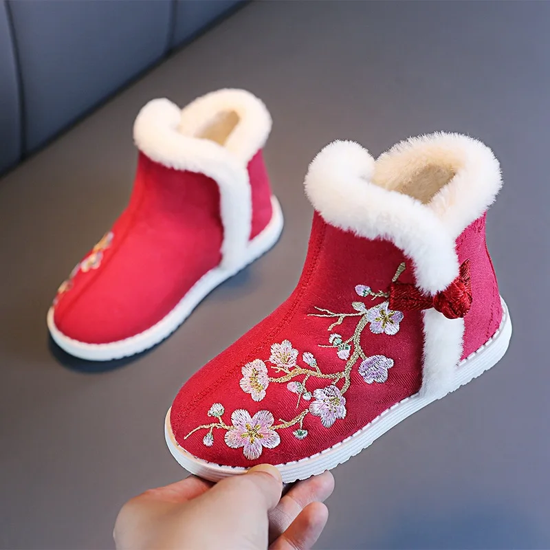 Winter Girls Boots Chinese Style Hand-embroidered Floral Cotton Shoes Children Warm Plush Snow Boots Winter Shoes Kids Boots Red