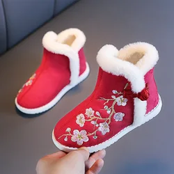 Winter Girls Boots Chinese Style Hand-embroidered Floral Cotton Shoes Children Warm Plush Snow Boots Winter Shoes Kids Boots Red