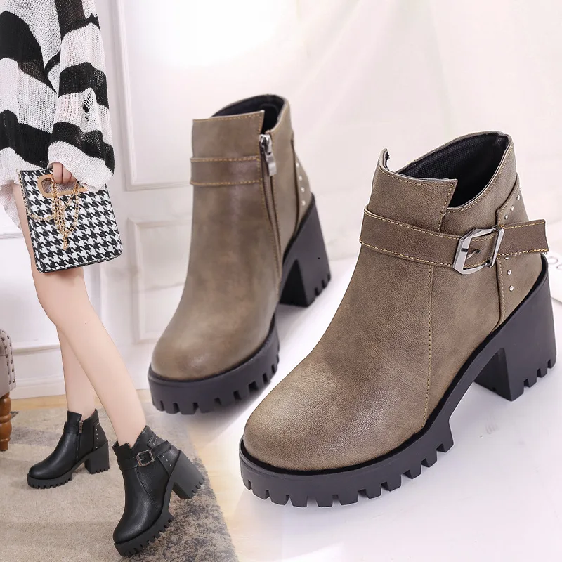 

Europe And America Chunky Heel Side Zipper Rivet Martin Boots Belt Buckle Waterproof Platform Short Boots Children High-Heel War