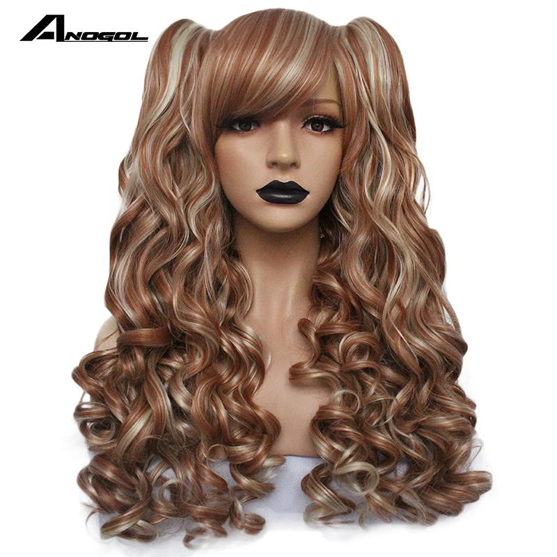 Mix Blonde ANOGOL длинные волнистые Лолита высокая температура волокно коричневый розовый красный черный блонд многоцветные синтетические Косплей парики 2 хвоста - Цвет: Mix Blonde
