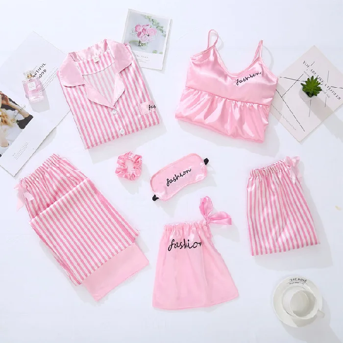 

New Style Pajamas Women's Autumn Long Sleeve Ice Silk Stripes Seven Sets Sweet Set Camisole Short Sleeve with Chest Pad Home Wea