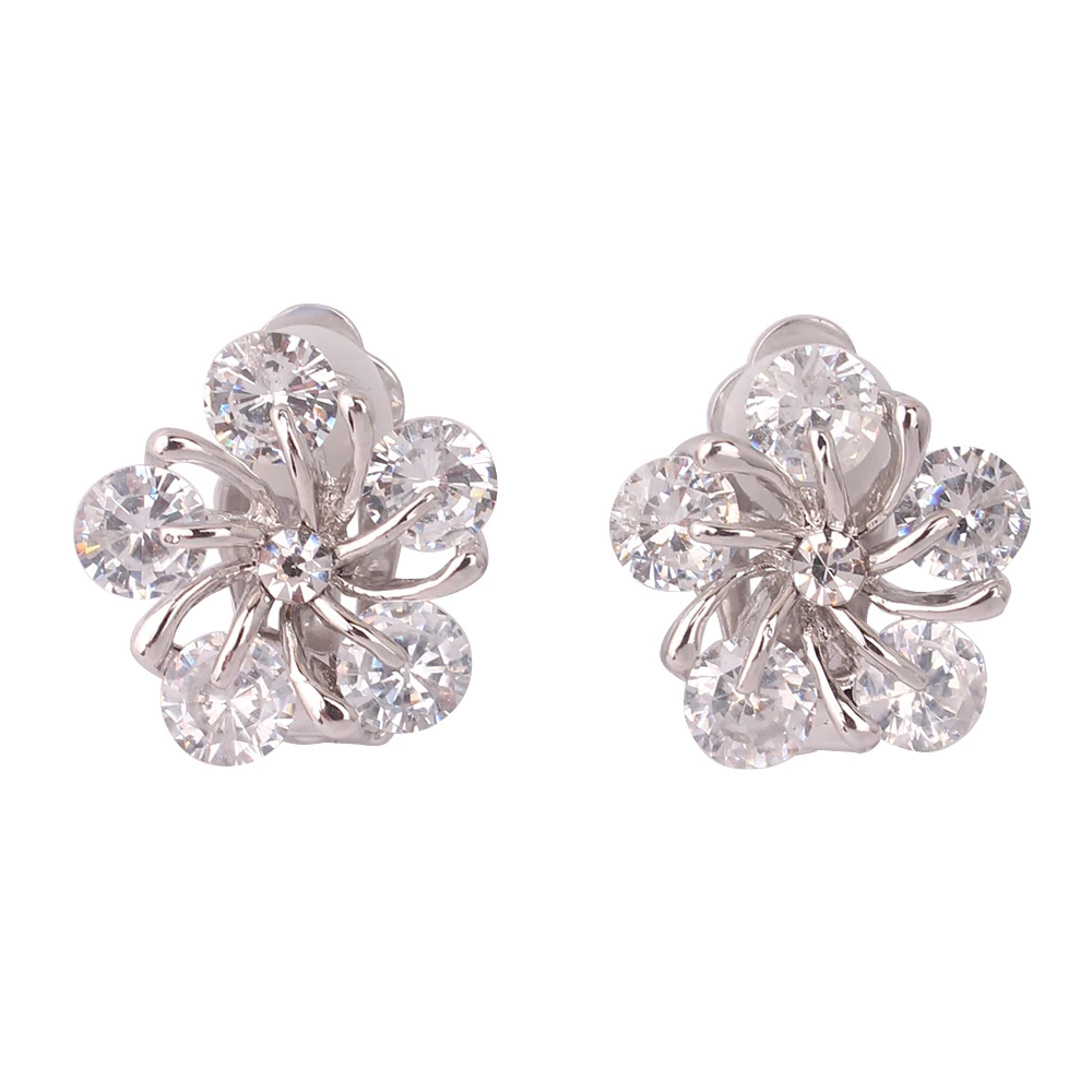GRACE JUN Circle Square Flower Clip on Earrings No Pierced Luxury Fashion Bride Wedding Cubic Zircon No Hole Earrings 16 Colors
