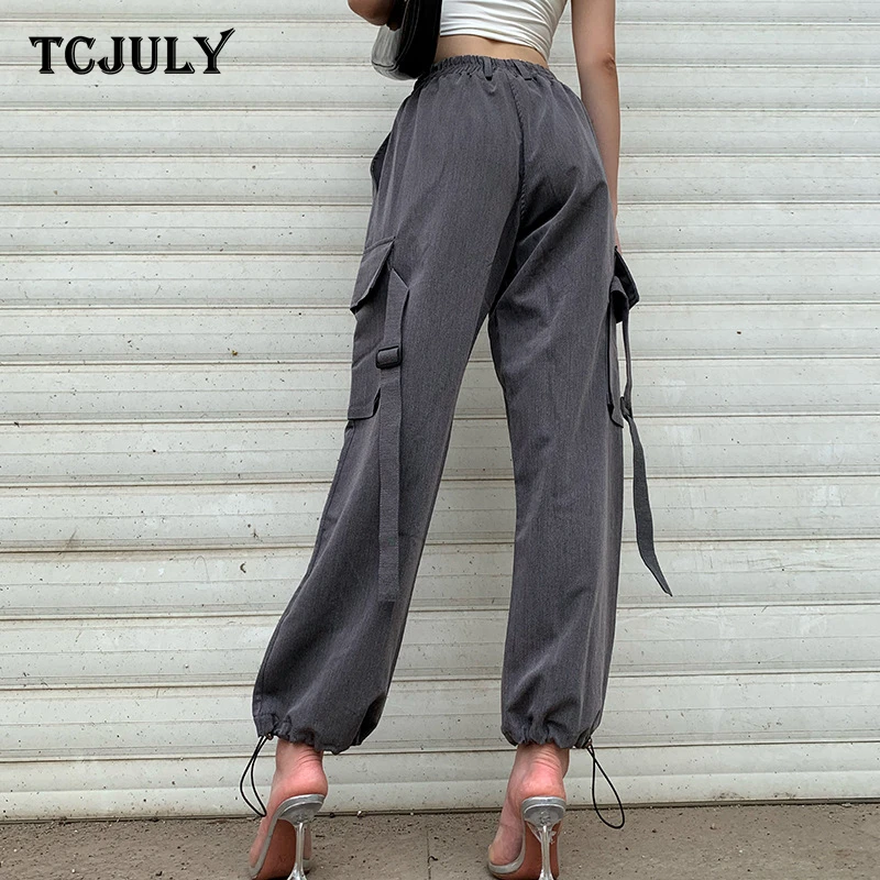 TCJULY, осень, модные хлопковые серые брюки-карго, женские эластичные повседневные брюки с высокой талией, с карманами, уличная одежда, обтягивающие штаны для бега
